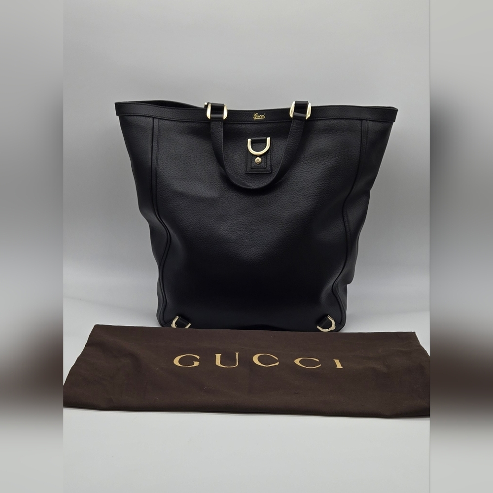 Gucci 130733 Large Black D-Ring Tote Pebbled Leather Bag with Dust Bag